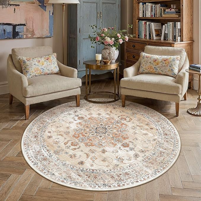 HUGEAR Round Rugs 6x6 Machine Washable Vintage Orange Throw Carpet Non Slip Stain Resistant Low Pile for Living Room Bedroom Kitchen Retro Aesthetic Modern Decor