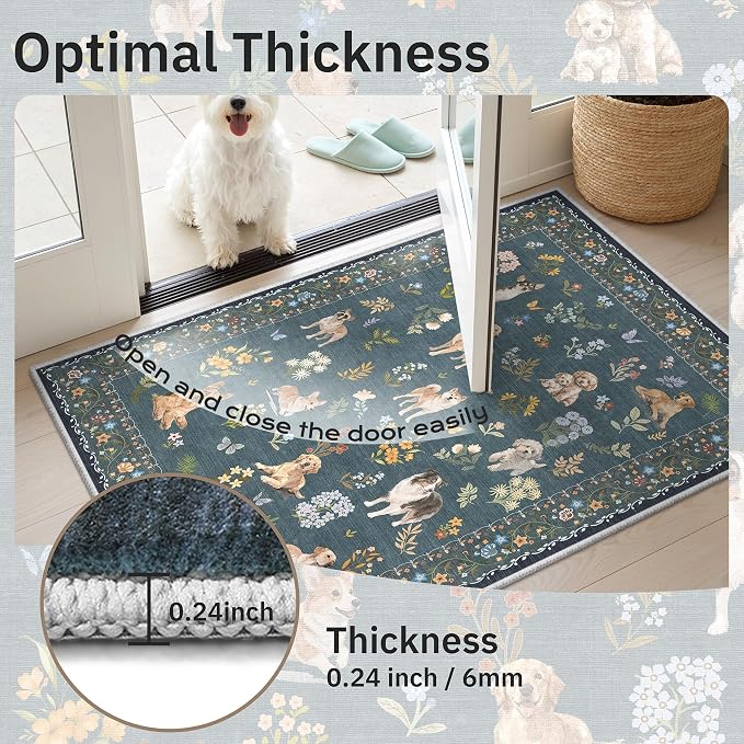 Soalmost 2x3 Dog Rugs for Entryway, Washable Door Mat Soft Rug Navy Blue | Floral Small Cute Animal Area Rug Non-Slip Low Pile Throw Rugs for Entrance Kitchen Indoor Front Door Kids Room 2' x 3'