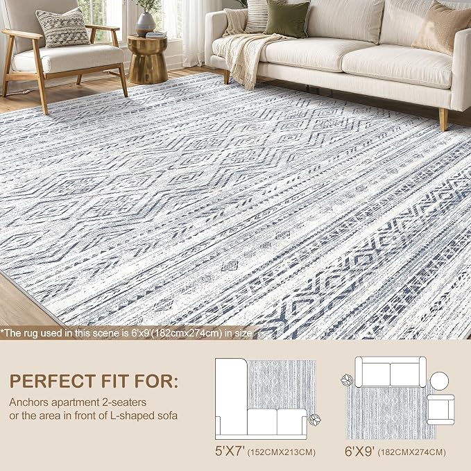 Tortania Area Rug Living Room Rugs- 6x9 Washable Large Soft Neutral Boho Moroccan Bohemian Farmhouse Rug Indoor Floor Carpet for Bedroom Under Dining Table Home Office Decor - Dark Blue