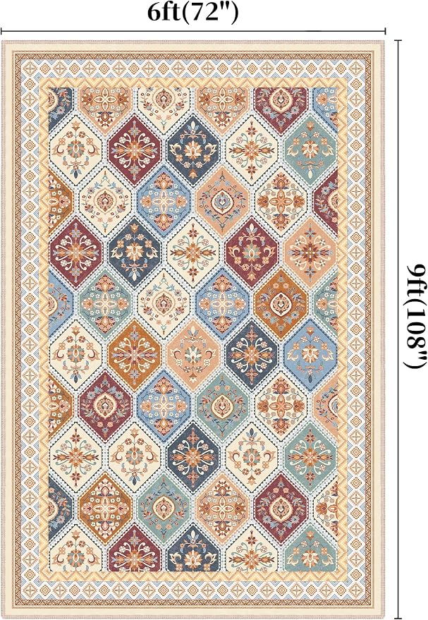 6x9 Area Rugs for Living Room, Soft Non-Slip Vintage Boho Moroccan, Low-Pile Printed Washable Rug Carpet for Living Room, Bedroom, Dining Room, Playroom-Multi | Multi, Soft Low-Pile Printed Washable Rug Carpet for Living Room, Bedroom, Dining Room, Pla...