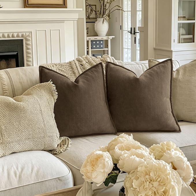 ZWJD Brown Pillow Covers 22x22 Set of 2 Chenille Throw Pillow Covers with Elegant Design Soft and Luxurious Decorative Throw Pillows for Couch, Bed, and Home Decor