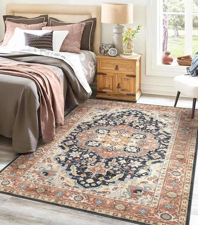 LUXRUG 3x5 Entry Rug - Small Washable Entryway Rug Non-Slip Farmhouse Terracotta Black Oriental Kitchen Rug Low Pile Medallion Carpet Throw Rugs for Living Room Bedroom Bathroom Entrance Mudroom Foyer