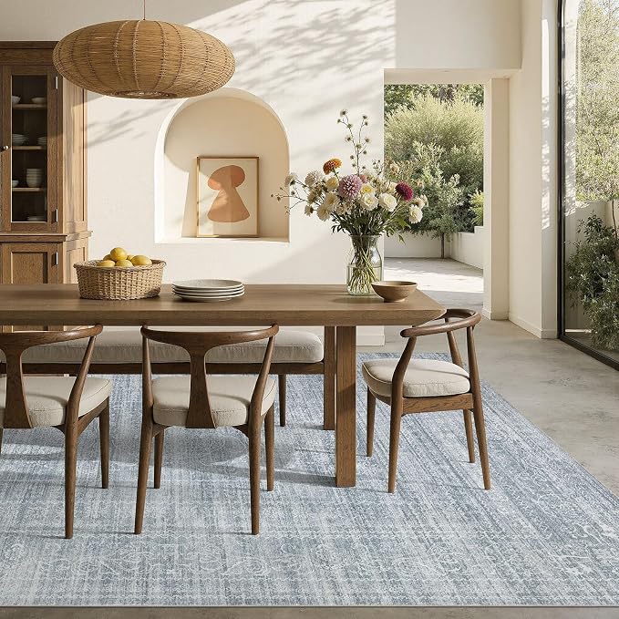 Nakagishi 6x9 Area Rugs Living Room: Washable Large Vintage Rug Neutral Non-Slip Soft Stain Resistant Indoor Carpet for Bedroom Nursery Dining Room Office Playroom - Blue