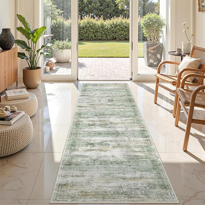2x8 Runner Rug Non Slip,Washable Hallway Runner Rug,Green | Neutral Rugs for Kitchen,Entryway,Bedroom,Bathroom,Nursery Room,Thin,Soft Runner Rug,Stain Resistant Indoor Carpet