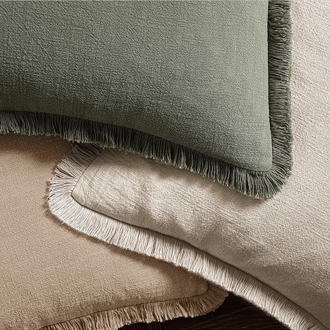 MIULEE Decorative Throw Pillow Covers Neutral Linen Fringe Throw Pillows Set of 2 Camel Boho Farmhouse Cushion Covers with Tassels for Couch Sofa Bed Living Room Spring Decor 20x20 Inch