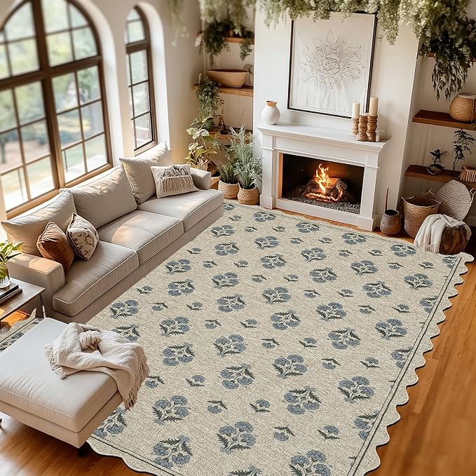 ORTIGIA Scalloped Easy Jute 5x7 Area Rug Vintage Blue Block Floral Farmhouse Washable Rug Non-Slip Indoor Outdoor Carpet for Living Room Bedroom Patio Entryway