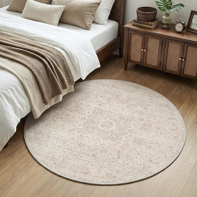 FMFUNCTEX 4ft Round Washable Area Rug Beige Vintage Neutral Oriental Distressed Small Non Slip Carpet for Living Room Bedroom Soft Low Pile Indoor Mat Retro Cream Rug for Dining Room Kitchen Office