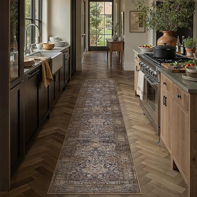 HUGEAR Hallway Runner Rugs 3x8 Blue Brown Washable Rug Neutral Vintage Rug Carpet Distressed Soft Durable Non Slip No Shedding for Indoor Bedroom Kitchen Dining Nursery Laundry