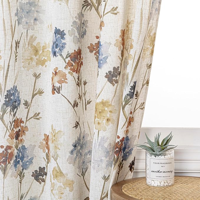 MYSKY HOME Floral Linen French Door Curtains 72 inch Long 2 Panels for Front Door - Light Filtering Privacy Semi Sheer Window Curtains with Rod Pocket, Yellow, 24" W x 72" L