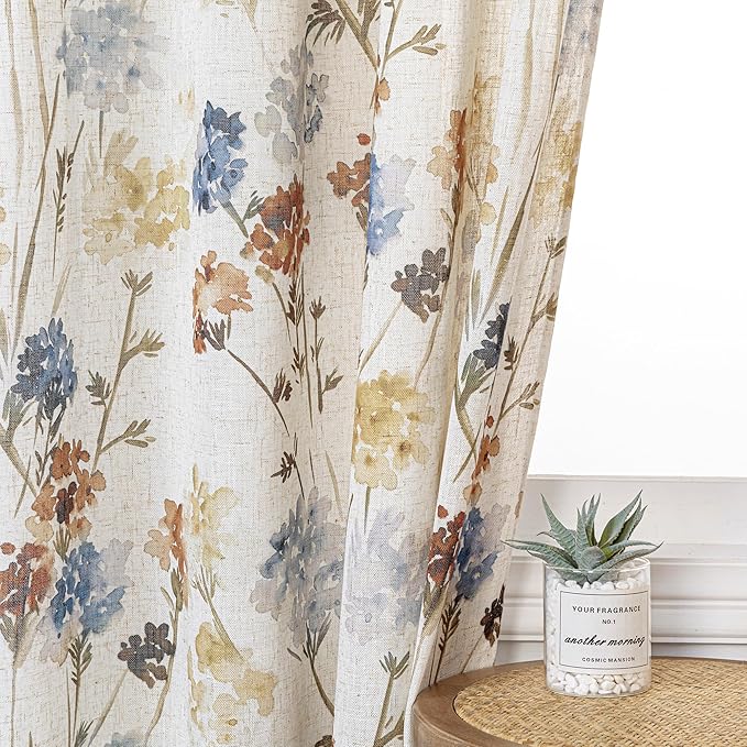 MYSKY HOME Floral Linen Kitchen Tier Curtains 24 Inch Length 2 Panels Farmhouse Semi Sheer Privacy Small Window Treatments Rod Pocket for Bathroom Basement, Yellow, 30 inch Wide