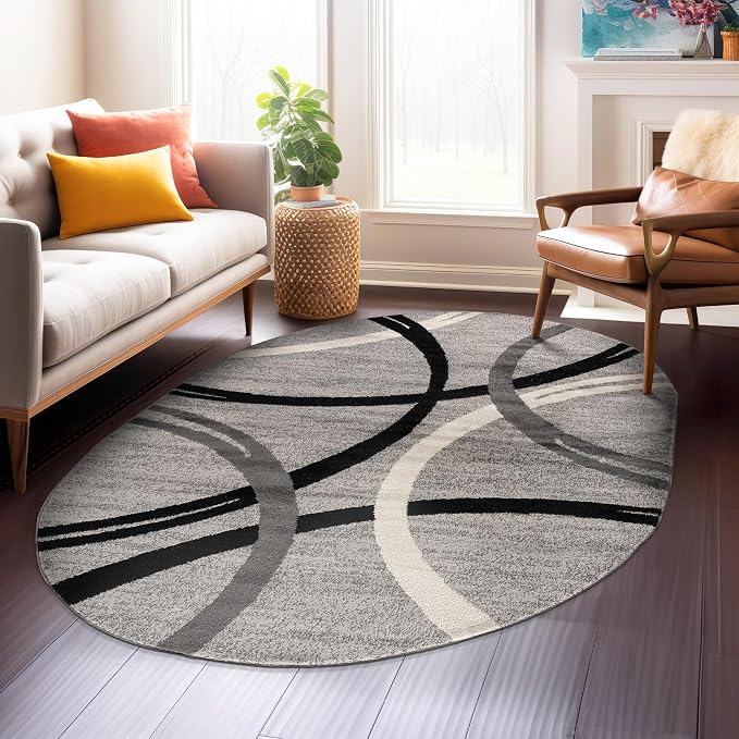 Rugshop Wavy Circles Non-Shedding Living Room Bedroom Oval Rug Gray 5' x 7'