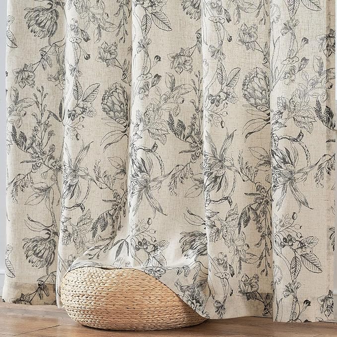 jinchan Floral Curtains 108 Inch Length Black Flower Linen Farmhouse Curtain for Living Room French Country Vintage Curtain Rod Pocket Curtains Set 2 Panels Balck Floral Printed