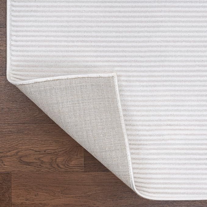 JONATHAN Y Cole Pinstripe High-Low White/Silver Runner Rug, 2x8, Modern, Minimalist, Easy-Cleaning for Living Room, Bedroom, Kitchen, Pet Friendly, Non-Shedding (CAR101C-28)