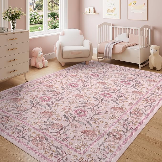 DUKINO 5x7 Area Rugs, Vintage Floral Washable Rug for Living Room, Pink | Non Slip, Low Pile, Non-Shedding, Stain Resistant Lightweight Boho Soft Carpet for Bedroom Home Office Dining Room Farmhouse