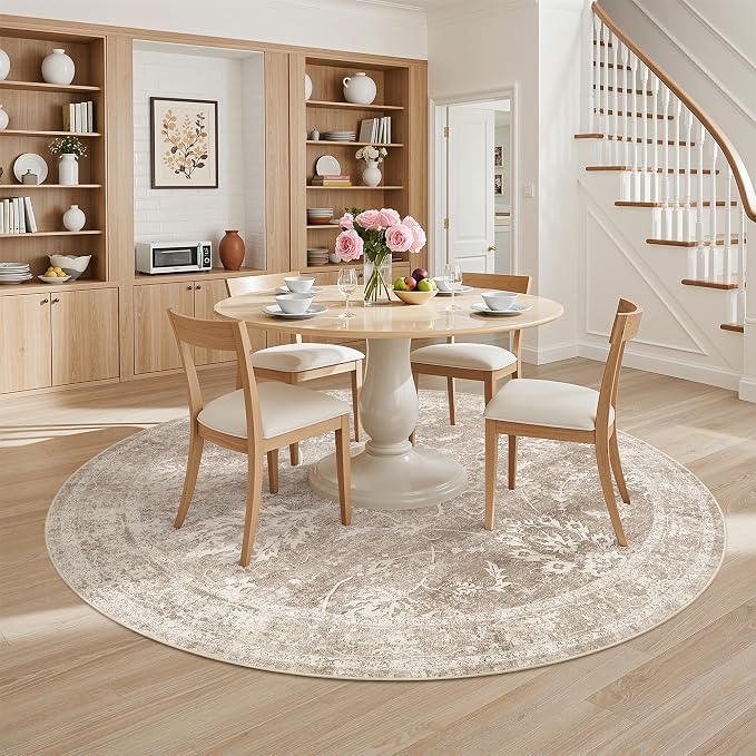Madane Washable Round Rug 9ft for Living Room, Soft Ultra-Thin Non-Slip Vintage Floral Circle Area Rug, 9x9 Round Throw Carpet for Dining Room Nursery Bedroom Kitchen (Brown/Sand, 9'Round)