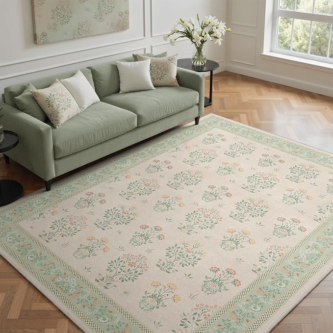 GENIMO 4x6 Vintage Floral Area Rug, Soft Microfiber Washable Rug with Non-Slip Backing, Green Carpet for Living Room, Bedroom and Dining Room