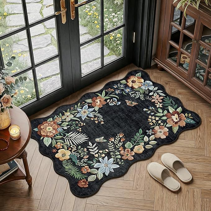 FMFUNCTEX 2x3 Washable Black Floral Vintage Flower Colorful Entryway Rug | Vintage Traditional Door Mat Non Slip Low Pile Boho Indoor Soft Patterned Small Throw Rugs Entry Way Entrance Kitchen Laundry