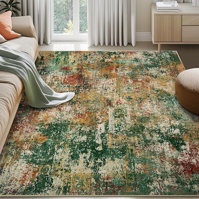 RELEANY Washable Area Rugs 9'x12' Non-Slip Modern Abstract Soft for Living Room Entryway Bedroom Kitchen, Print Pattern, Green Orange Rust Red Cream Colorful