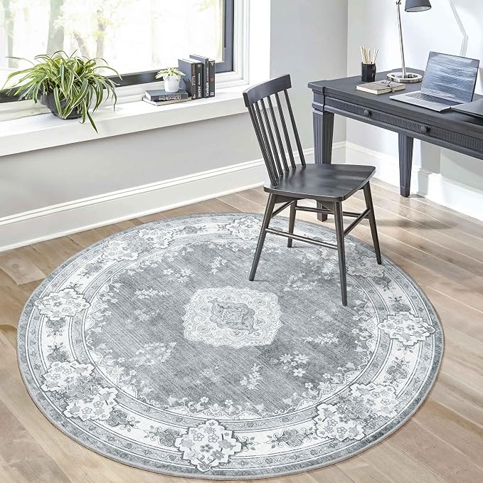 MUJOO Grey Round Rug 5ft,Circle Washable Area Rug Non Slip Low-Pile Floral | Circular Rugs for Bedroom Living Room Dining Room Bathroom Boho Throw Carpet Soft Floor Indoor Vintage Bohemian Flowers