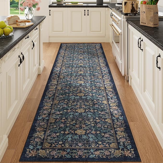 DUKINO 2x8 Runner Rug, Washable Vintage Floral Kitchen Rug, Dark Blue | Non Slip, Low Pile, Non-Shedding, Stain Resistant Aesthetic Soft Carpet Runner for Hallway Bathroom Laundry Bedroom Entryway