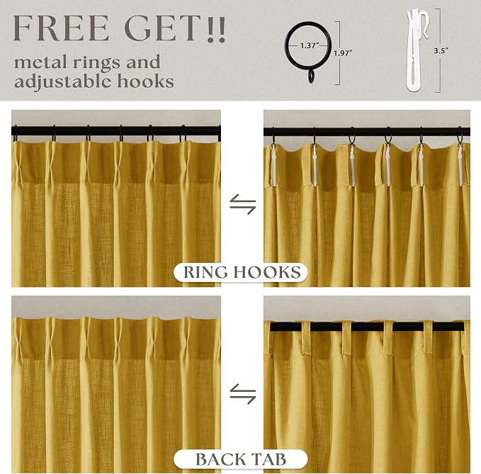 Mustard Yellow 90 Inch Thick Linen Curtains Pinch Pleated 2 Panels Set | for Living Room Bedroom Dining, Semi Sheer Light Filtering, Pinch Pleat Drapes Hooks Rings Back Tab, Gold Harvest Spring