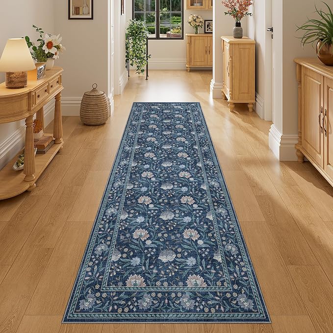 DUKINO 2x6 Runner Rug, Washable Vintage Floral Kitchen Rug, Dark Blue | Non Slip, Low Pile, Non-Shedding, Stain Resistant Soft Carpet Runner for Hallway Bathroom Entryway Bedroom Laundry Farmhouse