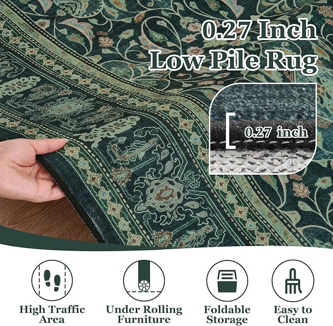 Dark Green 6x9 Area Rugs Washable, Vintage Boho Floral Moroccan Pattern Printed Carpet Rug for Living Room Bedroom, Low Pile Thin Room Rug with Rubber Backing Non Slip for Dining Room Office
