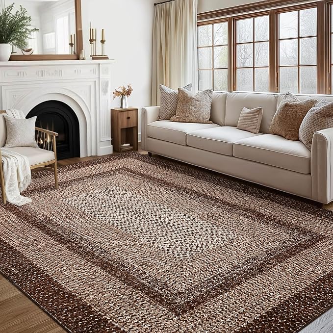 RUGSREAL Washable Rug 5x7 Boho Accent Bedroom Rugs Modern Geometric Floor Carpet Indoor Low Pile Non Slip Farmhouse Rustic Bohemian Carpet for Living Room Nursery Kitchen, Brown