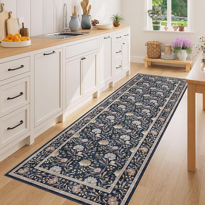 DUKINO 2x6 Runner Rug, Washable Vintage Floral Kitchen Rug, Navy Blue | Non Slip, Low Pile, Non-Shedding, Stain Resistant Soft Carpet Runner for Hallway Bathroom Entryway Bedroom Laundry Farmhouse
