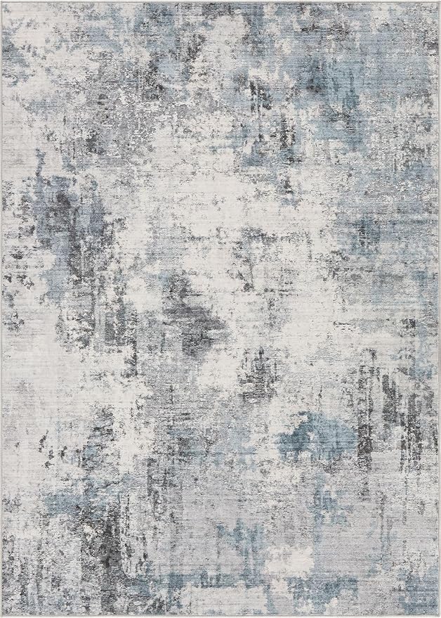 Abstract 10x12 Area Rug: Machine Washable Non Slip Ultra Thin Low-Pile Carpet, Soft Stain Resistant for Living Dining Room Bedroom, Kid Pet Friendly, Robot Vacuum Compatible - Grey Blue