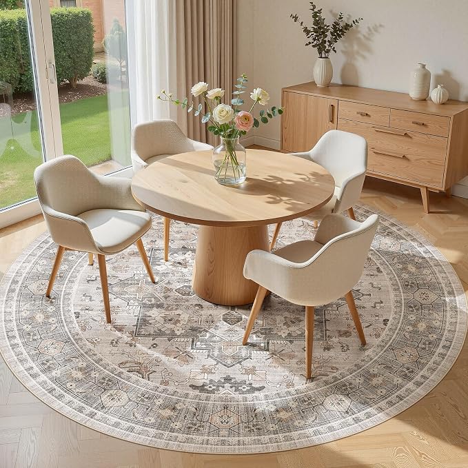 5ft Round Area Rug: Washable Vintage Neutral Soft Non Slip Thin Large Floor Carpet for Living Room Bedroom Kitchen Dining Room Home Office Farmhouse Indoor - Taupe