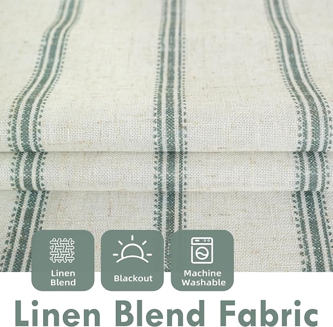 DriftAway Farmhouse Stripe Blackout Curtains, W52xL108, Loden Green | Blackout, Linen Texture, Stripe Pattern, Rod Pocket & Back Tab, Two Layers, Bedroom Living Room Use, Sound Reducing Design