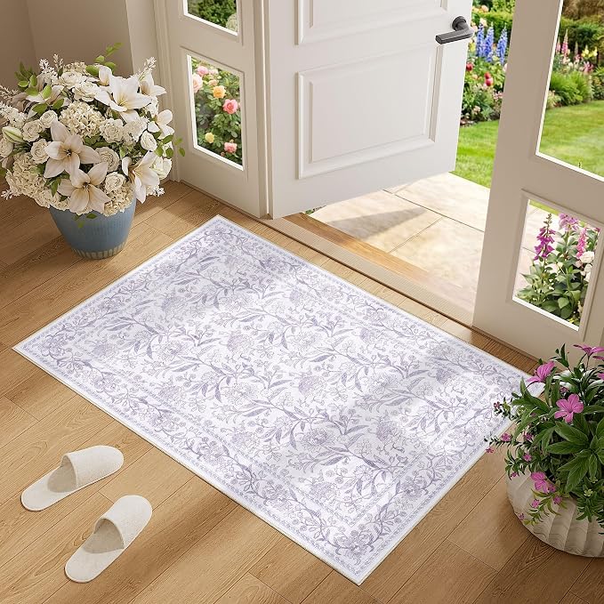 DUKINO 2x3 Rug, Washable Vintage Floral Bathroom Rugs Non Slip, Purple | Low Pile, Stain Resistant Boho Soft Indoor Door Mat, Small Front Door Carpet for Entryway Kitchen Laundry Bedroom Farmhouse