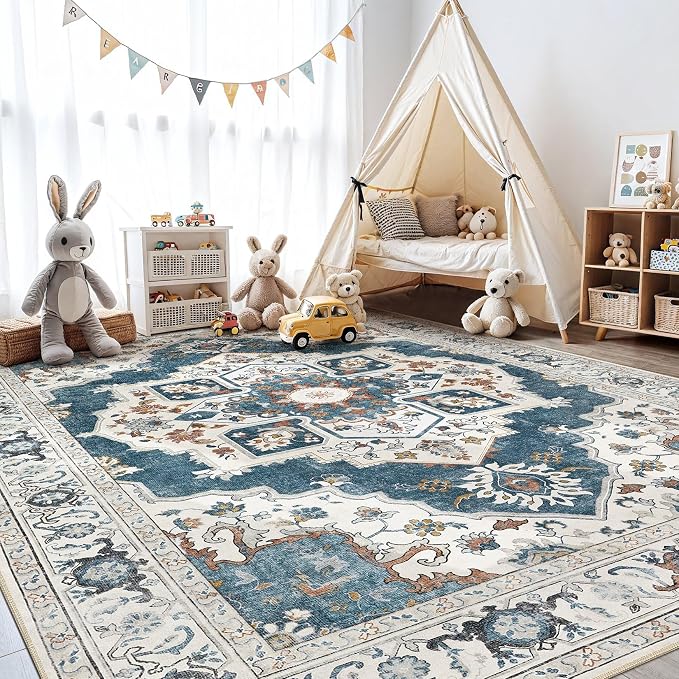 6x9 Washable Area Rug: Vintage Neutral Soft Non Slip Thin Large Floor Carpet for Living Room Bedroom Kitchen Dining Room Home Office Farmhouse Indoor - Blue