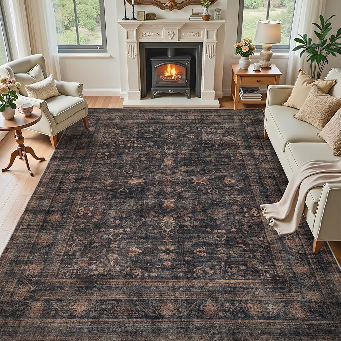 8x10 Vintage Washable Area Rug, Bordeaux Brown | Living Room,Low Pile Non Slip Carpet Non-Shedding Large Soft Indoor Stain Resistant Floral Print Mat for Bedroom Dining Room