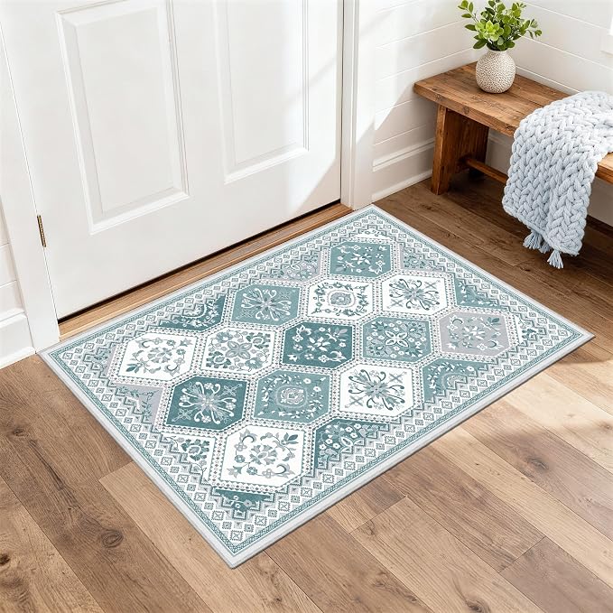 2x3 Washable Entryway Rugs, Soft Non-Slip Boho Moroccan Rug, Low-Pile Printed Indoor Teal Throw Rugs for Entrance, Kitchen, Bedroom Bedside- Teal | Soft Low-Pile Printed Indoor Teal Throw Rugs for Entrance, Kitchen, Bedroom Bedside