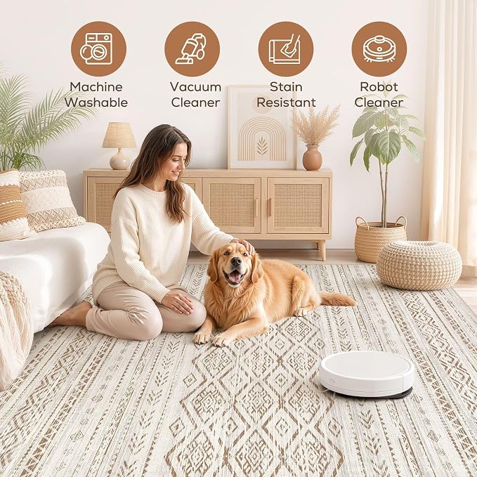Nakagishi Area Rug Living Room Rugs: 9x12 Large Soft Machine Washable Boho Moroccan FarmNeutral Stain Resistant Indoor Floor Carpet for Bedroom Under Dining Table Home Office Decor-Brown