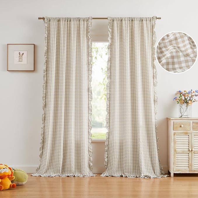 ZJDECOR 63 Inch Khaki Buffalo Plaid Ruffle Window Curtains for Bedroom | Crinkle Not-See-Through Sheer Panels,Cozy Buffalo Check Pattern Drapes,Farmhouse Window Treatment,Rod Pocket,40"Wx63"Lx2