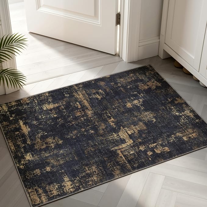 Sasttie 2x3 Area Rug for Entryway, Washable Modern Abstract Small Carpet for Living Room Bedroom Door-mat, Soft Entry Rug with Non-Slip Backing, Black and Gold