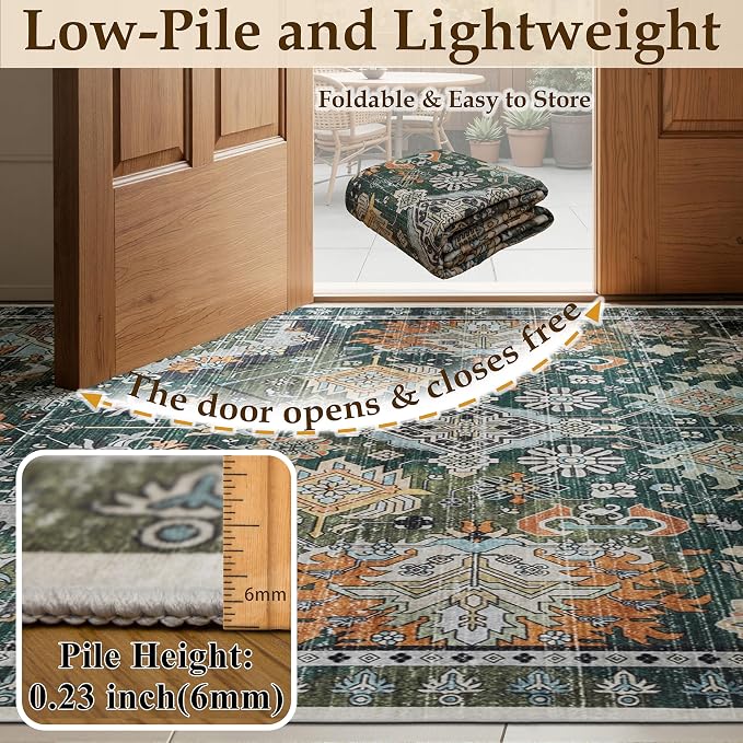 Ruaruarug Area Rug 8'×10', Non Slip Machine Washable Ultra Soft Stain & Fade Resistant, Pet & Kids Friendly, for Living Room/Bedroom/Kitchen/Classroom, Dark Green