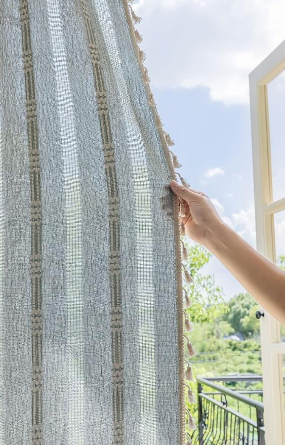 Boho Curtains for Bedroom Embroidery Striped Farmhouse Linen Curtains 63 Inch Length 2 Panels for Living Room Blue Bohemian Semi-Blackout Window Curtains Rod Pocket Drapes ( 52" W x 63" L,Blue)