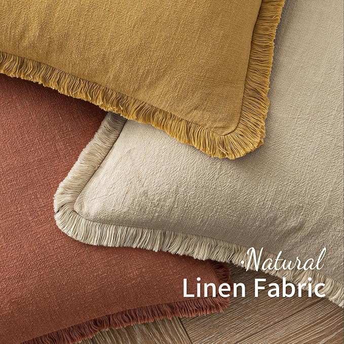 MIULEE Decorative Throw Pillow Covers Neutral Linen Fringe Throw Pillows Set of 2 Late Autumn Boho Farmhouse Cushion Covers for Couch Sofa Bed Living Room Fall Home Decor 20x20 Inch
