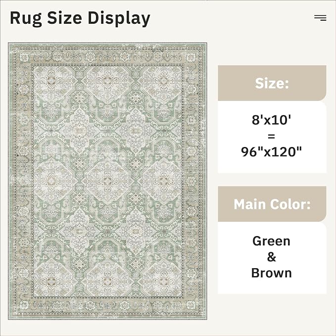 Soalmost 8x10 Area Rugs, Washable Rugs, Large Stain Resistant Area Rug for Living Room Bedroom Dining Room, Vintage Farmhouse Rug Green