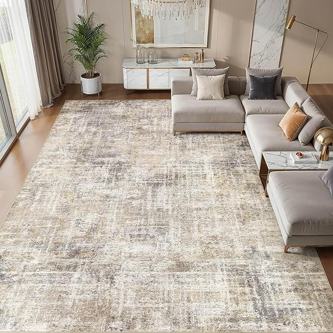 cotiled Washable 8x10 Area Rug for Living Room - Modern Abstract Carpet with Non-Slip Backing, Low Pile & Soft, Stain Resistant, Kid & Pet Friendly Decor for Bedroom & Dining Room - Gold Brown