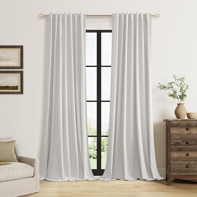 Guken 108 Inch Long Natural 100% Blackout Curtains for Living Room Bedroom Back Tab Thermal Insulated Netural Farmhouse Black Out Linen Drapes Room Darkening Window Curtain 2 Panels Set, 9 FT