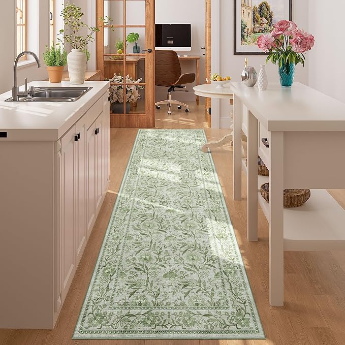 DUKINO 2x6 Runner Rug, Washable Vintage Floral Kitchen Rug, Sage Green | Non Slip, Low Pile, Non-Shedding, Stain Resistant Soft Carpet Runner for Hallway Bathroom Entryway Bedroom Laundry Farmhouse