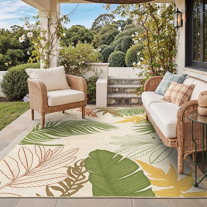 GENIMO 8x10 Outdoor Rug, Washable Quick Dry for Patio, Beige Green | Botanical leaf design for backyard; fade resistant chenille with quick-dry non-slip backing for indoor living rooms.
