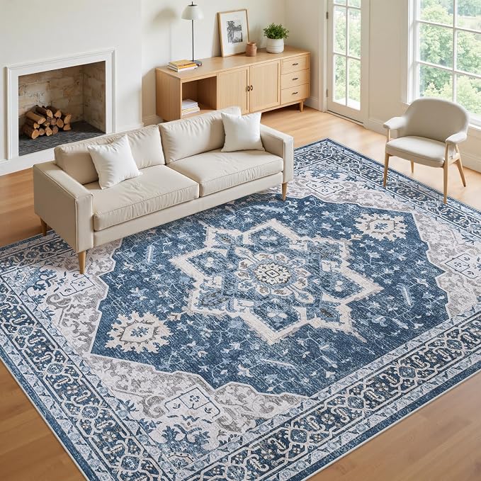 8x10 Area Rugs for Living Room:Blue Washable Vintage Medallion Boho Rug Non-Slip No Slip Stain Resistant Soft Low Pile Large Rugs Indoor Retro Carpet for Bedroom Nursery Dining Office (Blue 8'x10')