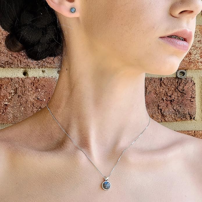 Natural gemstone 8mm round pendant with white gold over 925 sterling silver bezel cabochon plate and box chain, real genuine dainty birthstone gift for her, uniquelan jewelry