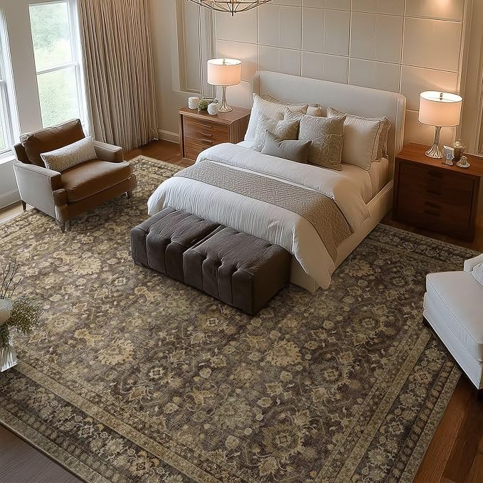 Boho Washable 9x12 Area Rugs for Living Room, Cushioned, Deep Brown | Vintage Non-slip Neutral Oriental Rugs for Bedroom Dining Room Nursery Office High Traffic Area